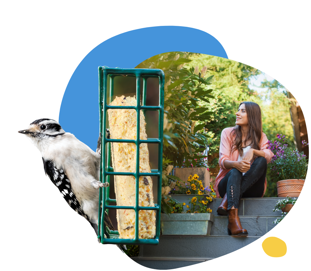 woman and bird on suet feeder