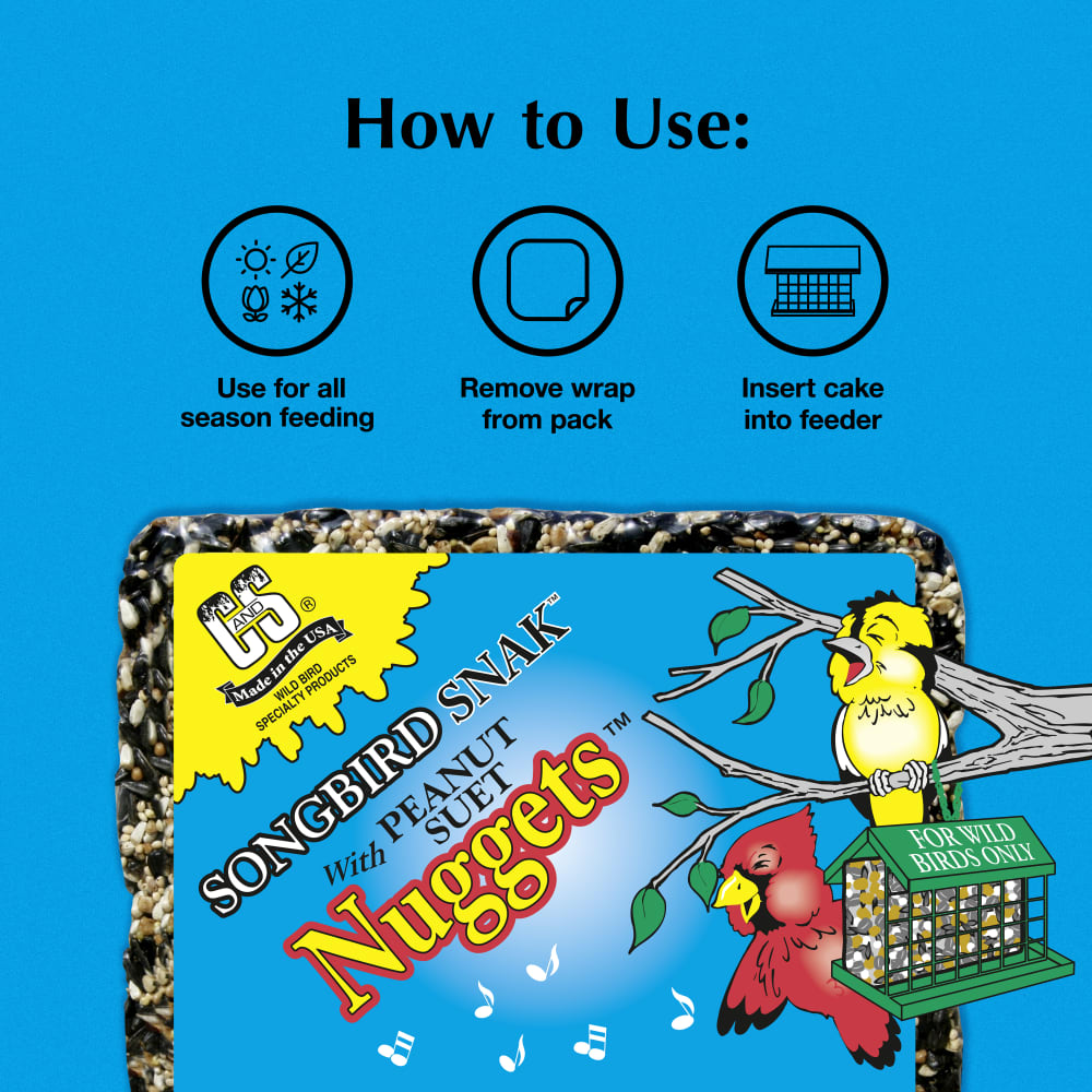 Directions for use for C&S Songbird Snak with Peanut Suet Nuggets