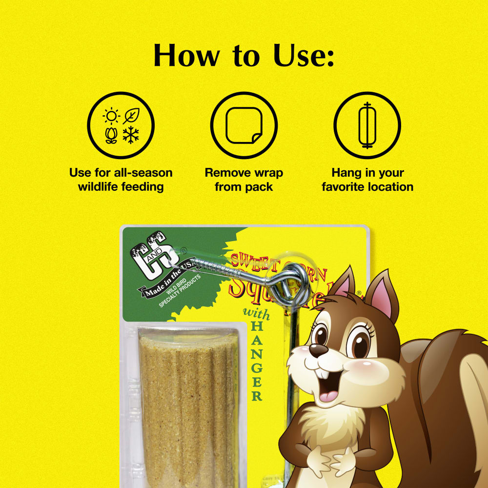 Directions for use for C&S Sweet Corn Squirrelog with hanger