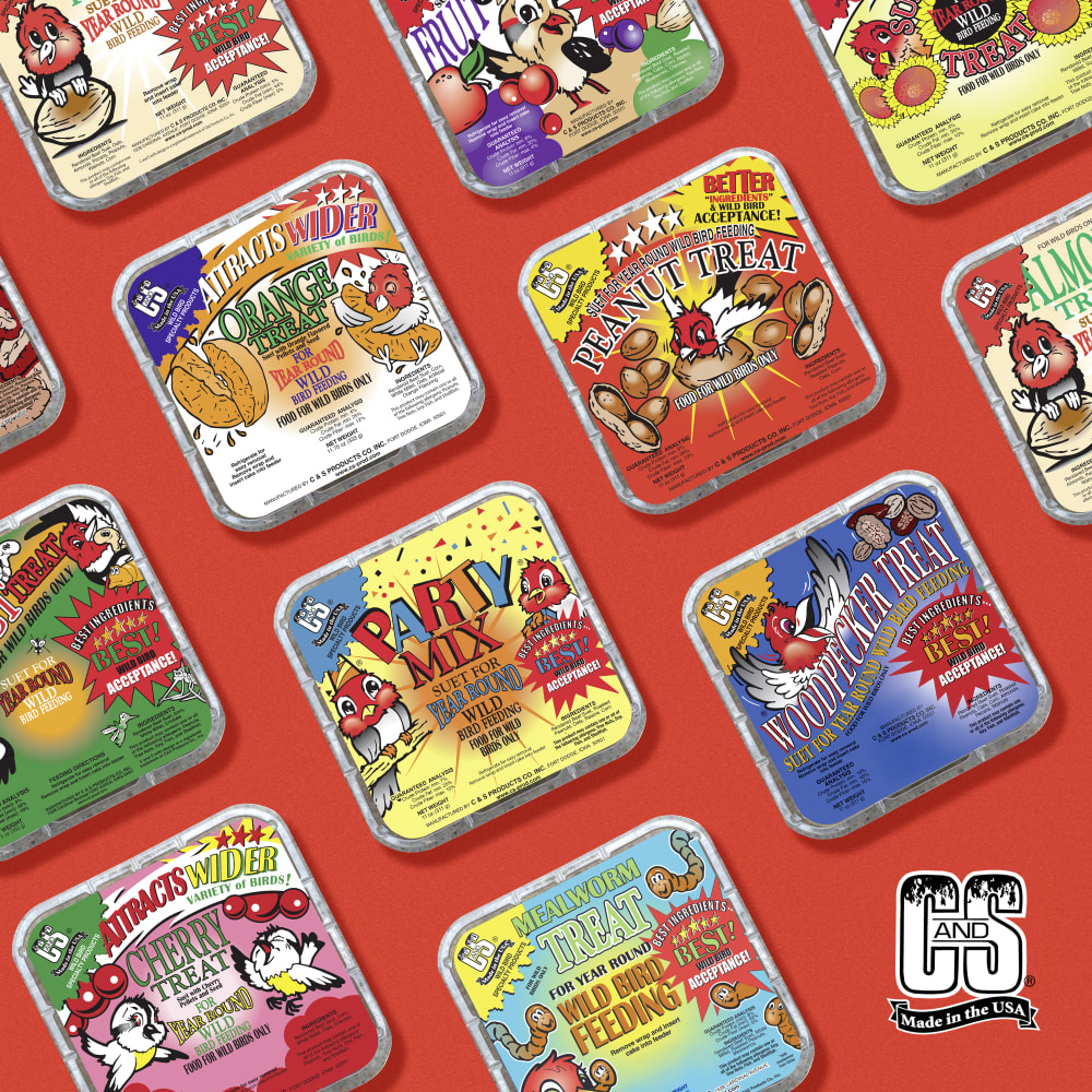 Image of suet treats in several different flavors displayed on a red background