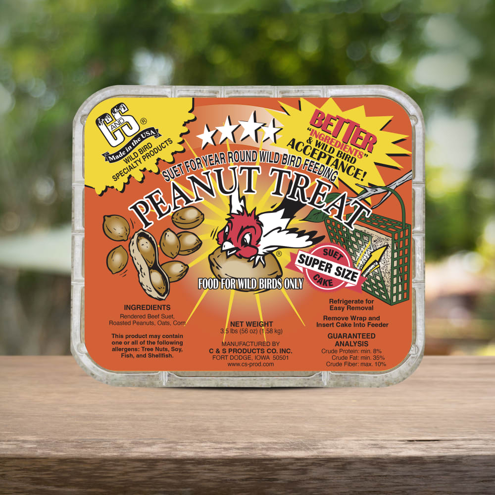 Image of the C&S Peanut Suet Treat retail packaging on a wooden table