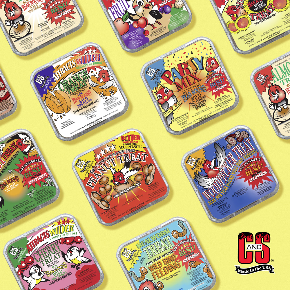 Image of suet treats in several different flavors displayed on a yellow background