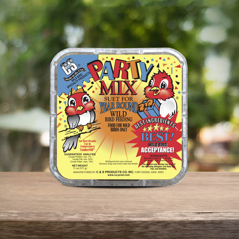 Image of the C&S Party Mix Suet Treat retail packaging on a wooden table