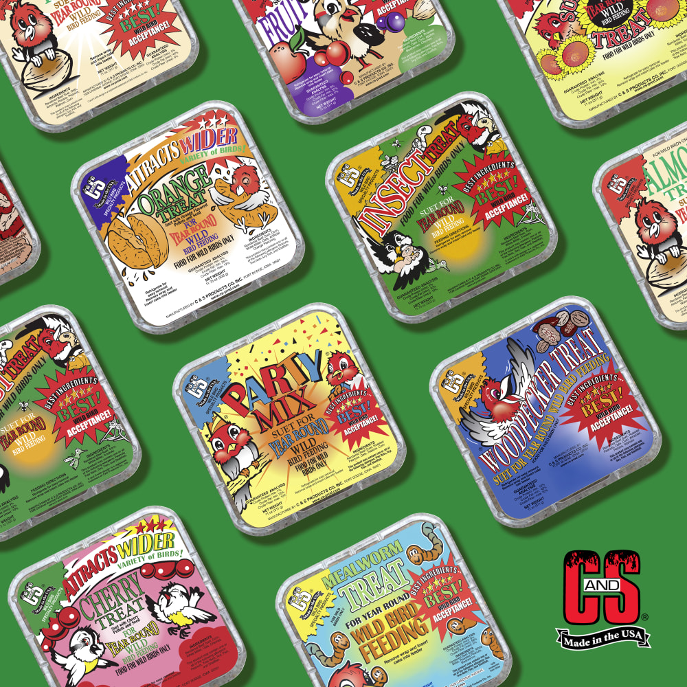 Image of suet treats in several different flavors displayed on a green background