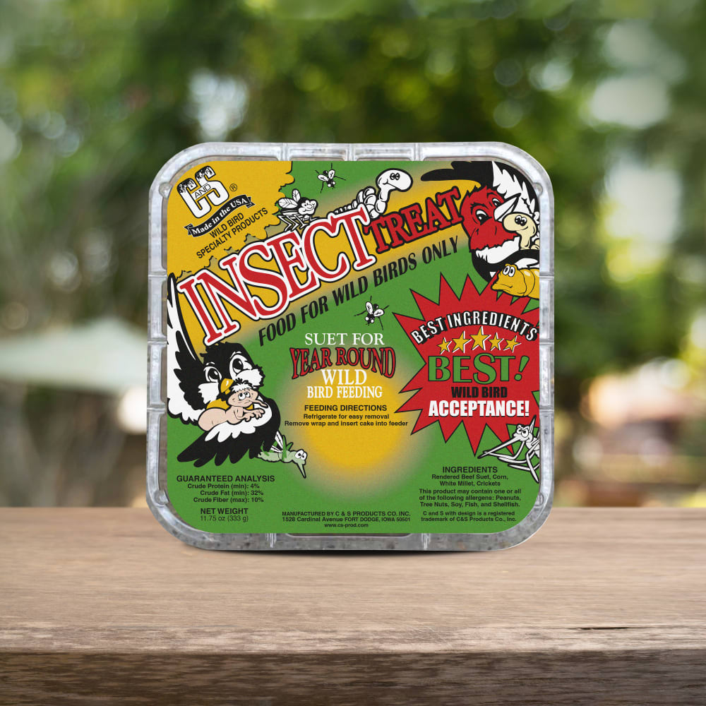 Image of the C&S Insect Suet Treat retail packaging on a wooden table