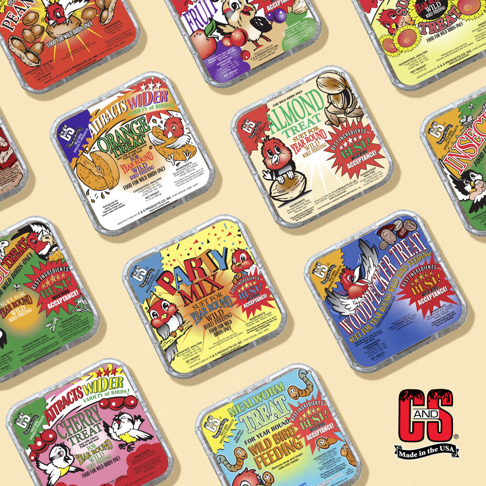 Image of several varieties of suet treat displayed on beige background