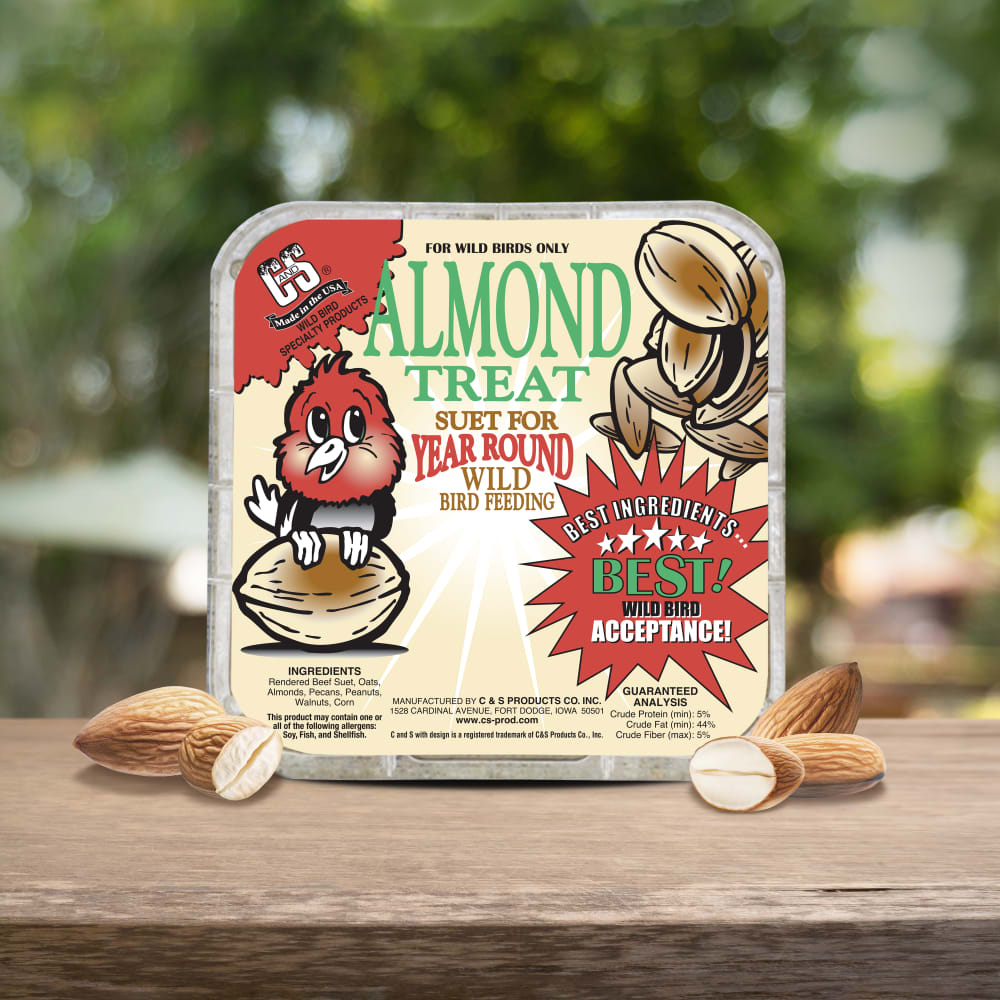 Up close shot of Almond Suet Treat sitting on a wooden table