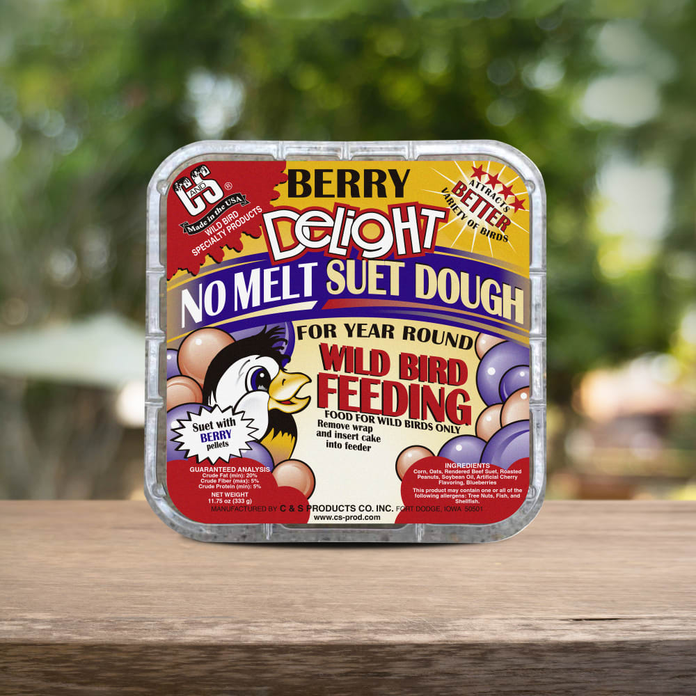 Up close shot of berry delight no melt suet dough sitting on a wooden table