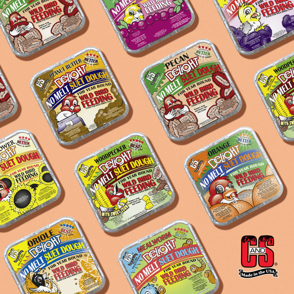 Image of several varieties of suet dough displayed on a light orange background