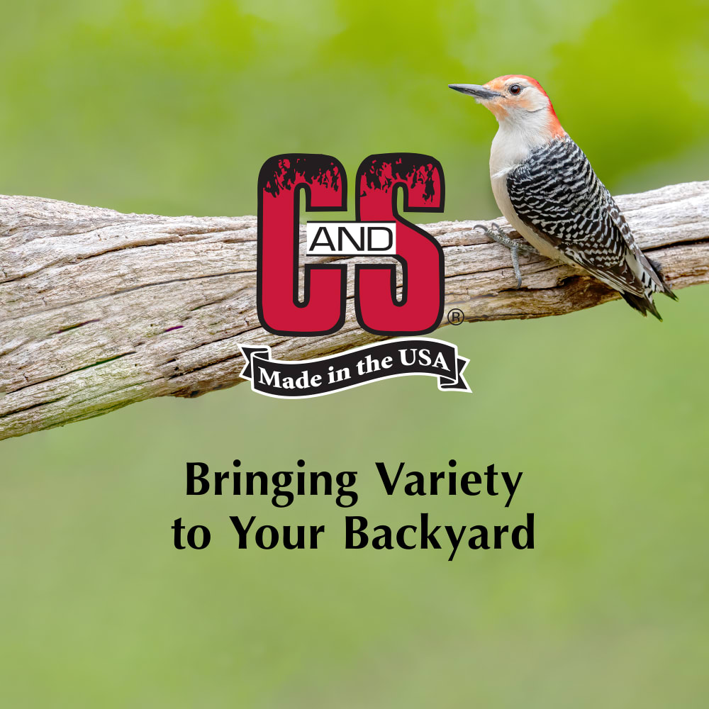Bird sitting on a branch with the C&S tagline. Bringing variety to your backyard