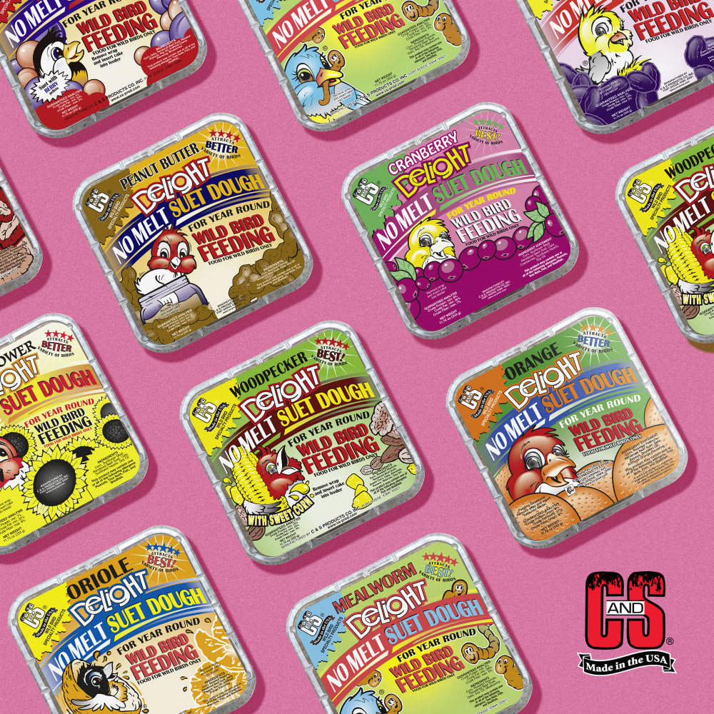 Image of several varieties of suet dough displayed on a pink background