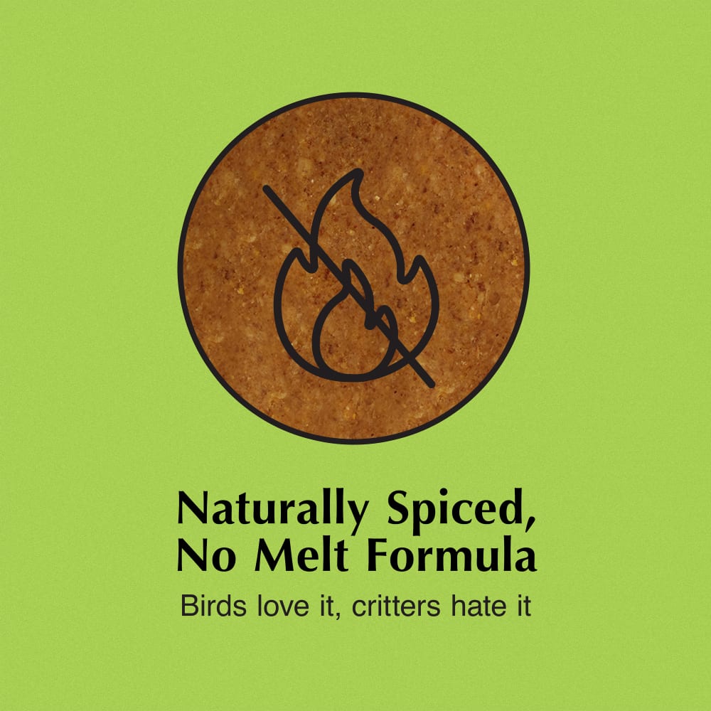 Naturally spiced, No Melt Formula birds love it, critters hate it