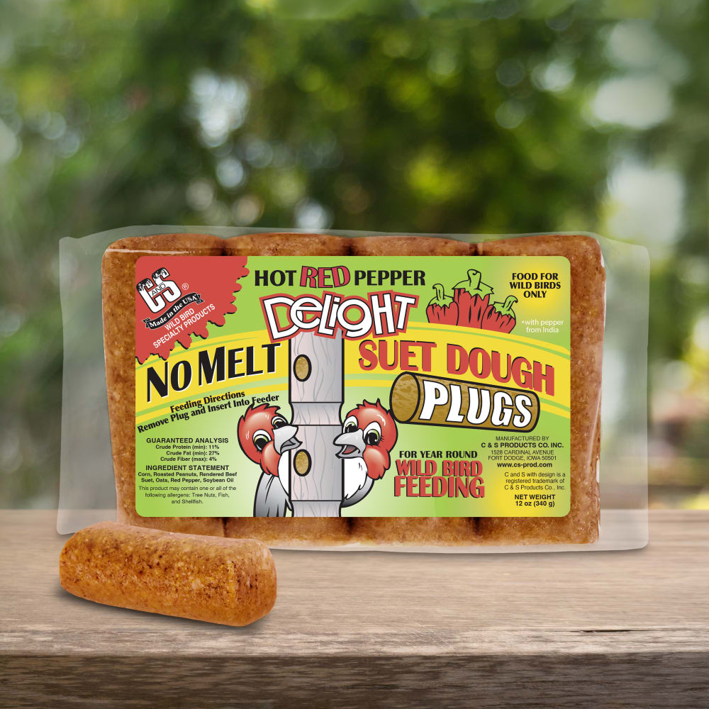 Up close shot of C&S Hot Pepper Delight Suet Plugs on table