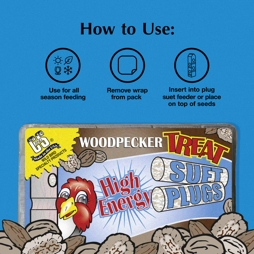 Directions for use for C&S Woodpecker Treat Suet Plugs