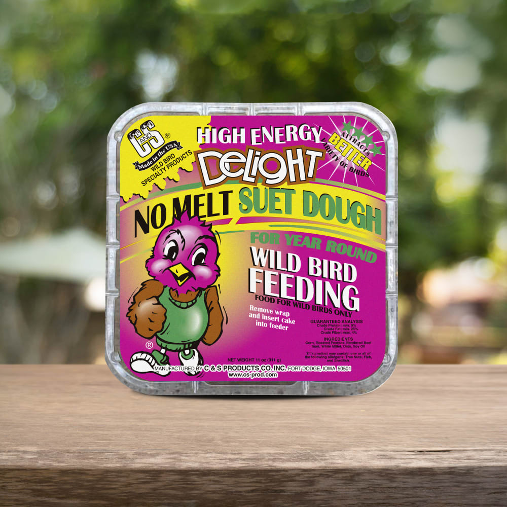 Image of the C&S High Energy Delight No Melt Suet Dough retail packaging on a wooden table