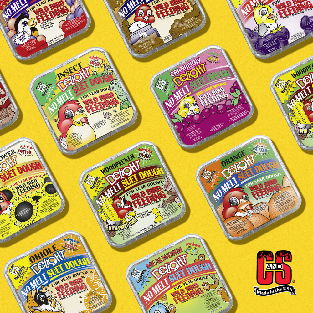Image of several varieties of suet dough displayed on a yellow background