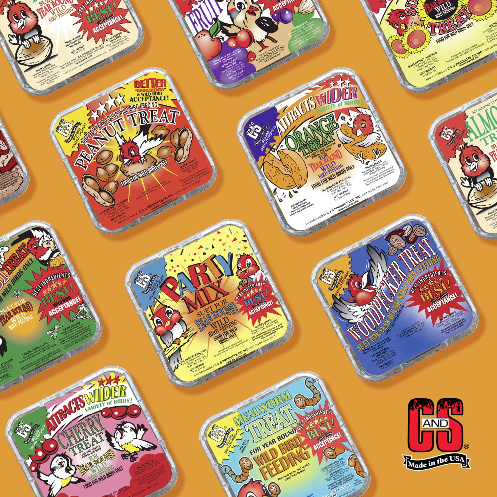 Image of suet treats in several different flavors displayed on an orange background