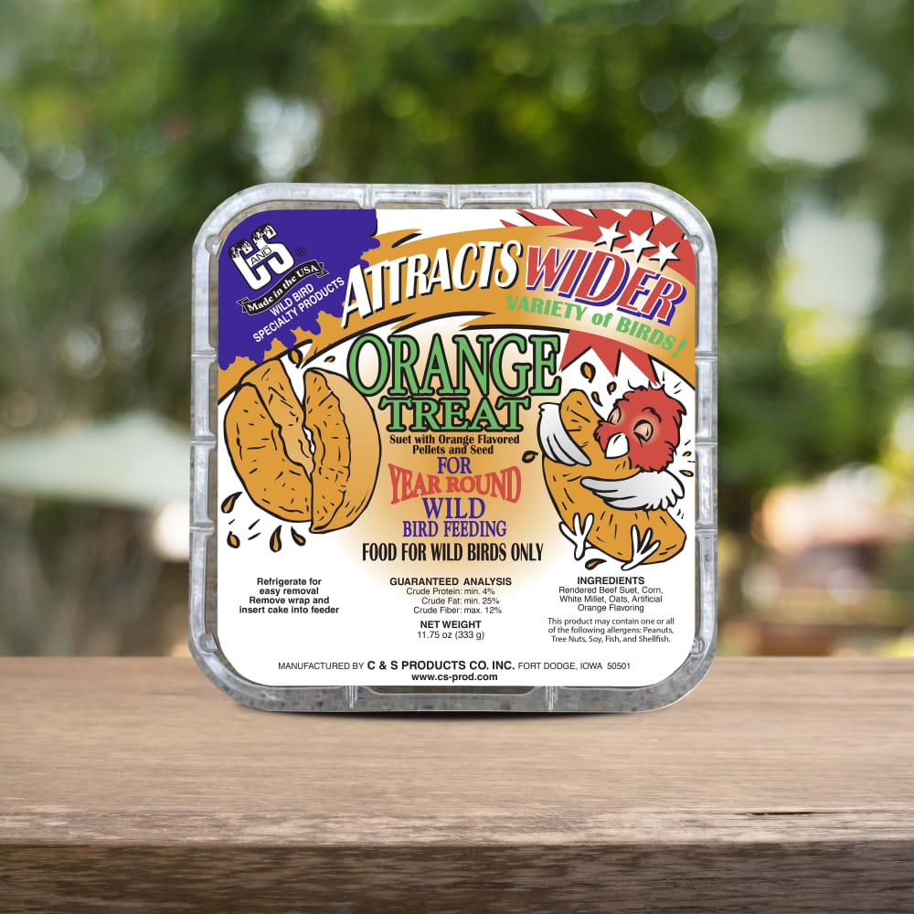 Image of the C&S Orange Suet Treat retail packaging on a wooden table