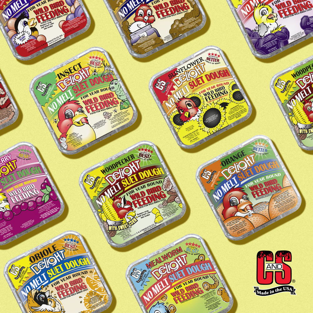 Image of several varieties of suet dough displayed on a yellow background