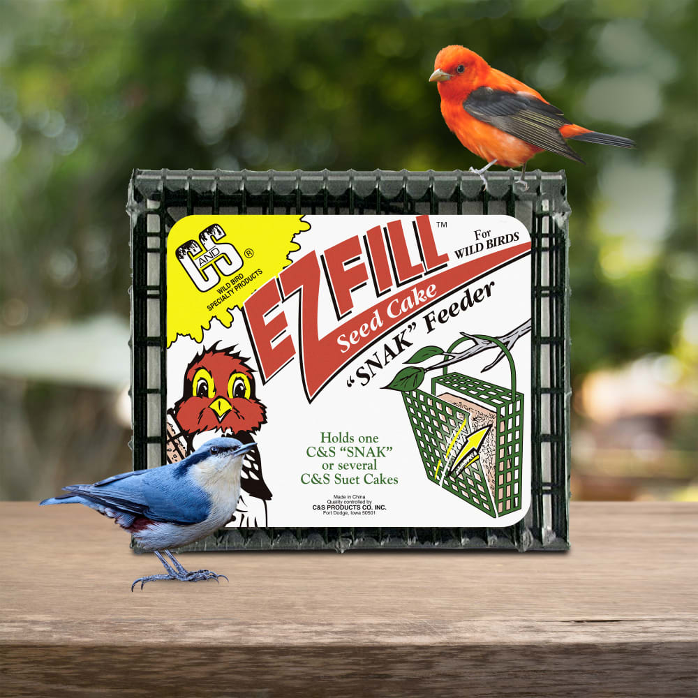 Up close shot of C&S EZ Fill Seed Cake Snak Feeder on table