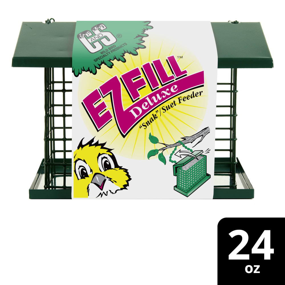Retail packaging for C&S EZ Fill Deluxe Suet and Snak Feeder with Roof & Platform
